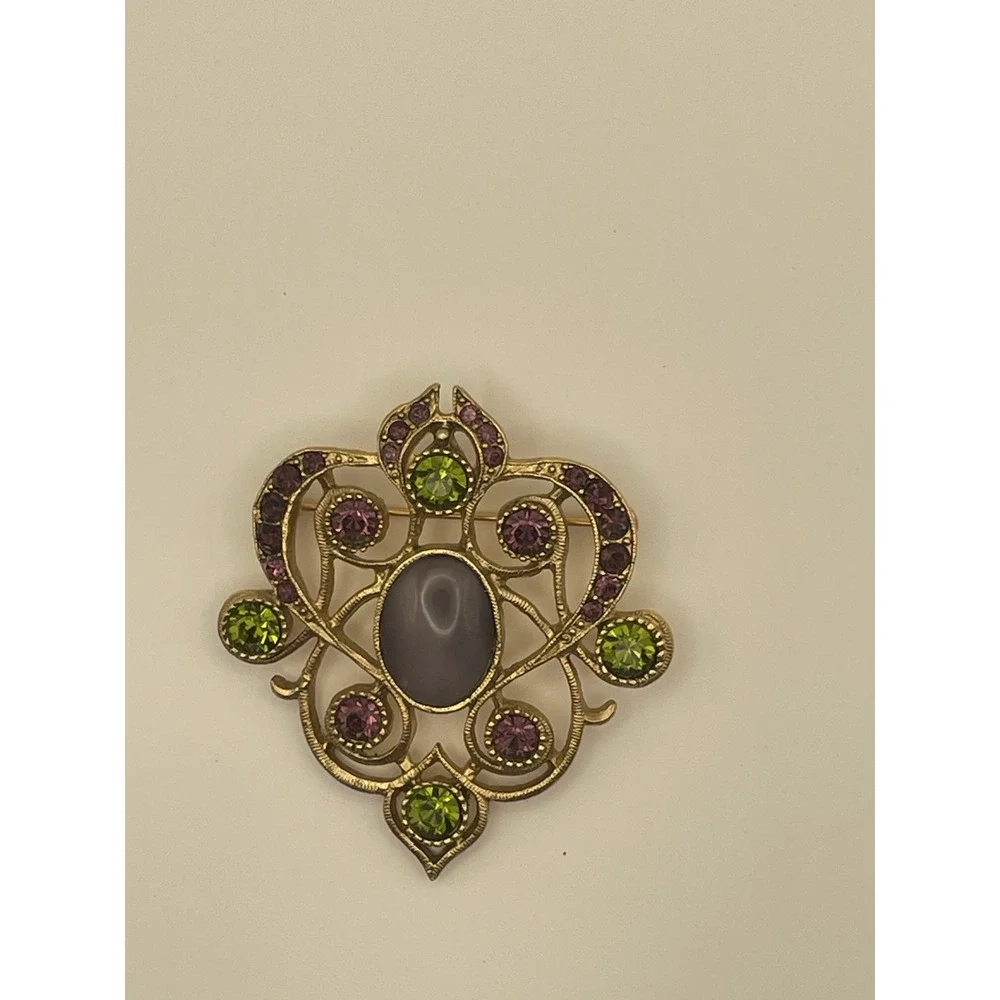 Vintage Large gold tone Green purple rhinestone‎ purple Cabochon 1928 pin brooch